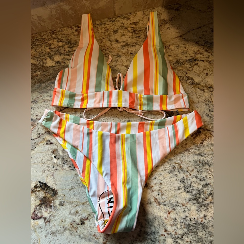 Shein adjustable striped hi cut bikini